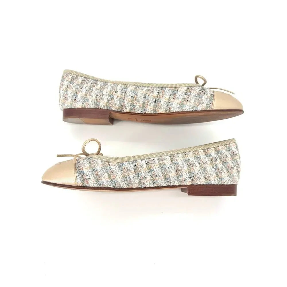 Chanel Tweed Cap Toe Bow CC Logo Ballerina Flats 36.5